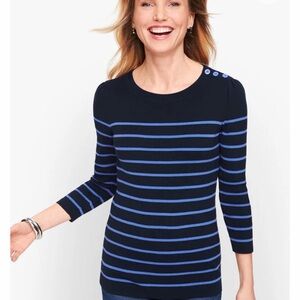 TALBOTS Sweater MP Blue Striped Button Shoulder 3/4 Sleeve Cotton Blend